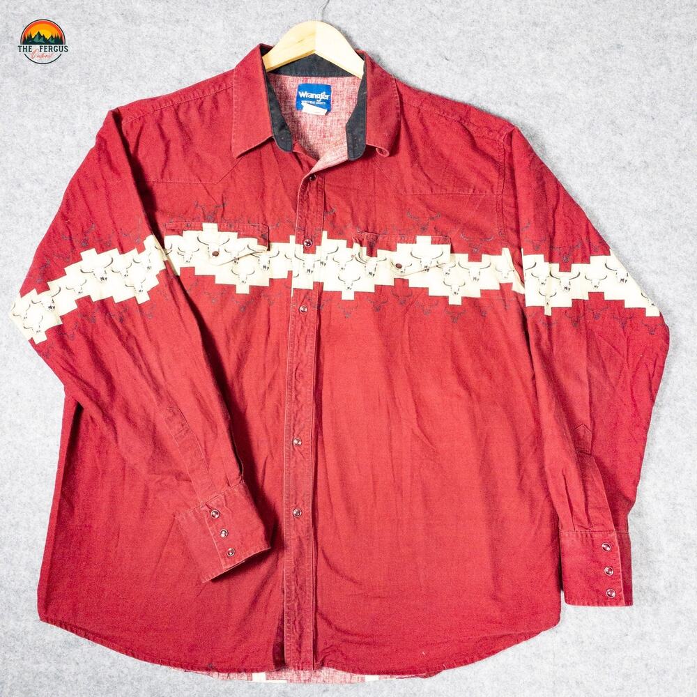 Retro Wrangler Western Button-Up Shirt Red Cotton Long Sleeve Collared Men's 2XL